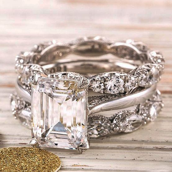Layered Ring with Large Rectangular Crystal in Silver Colour