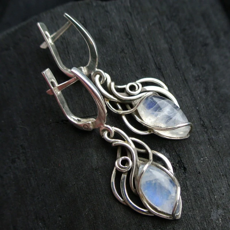 Vintage-Style Iridescent White Stone Dangle Earrings