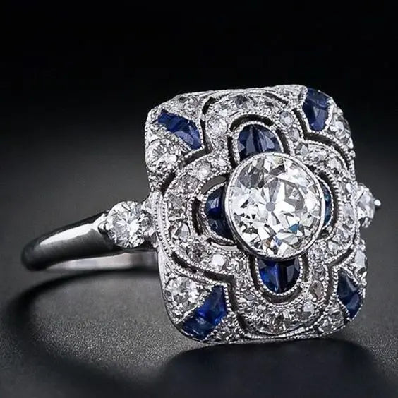 Vintage-Style Ring with Blue Zirconia Stone in Silver Colour