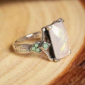 Rectangular Iridescent White Stone Ring with Crystal Accents