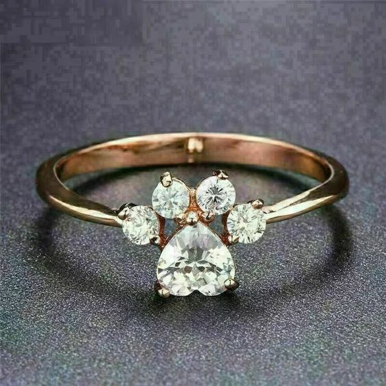 Paw Print Ring with Clear Zirconia on a Band in Gold Colour