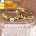 Solitaire Ring Set with Engraved Bands in Gold Colour