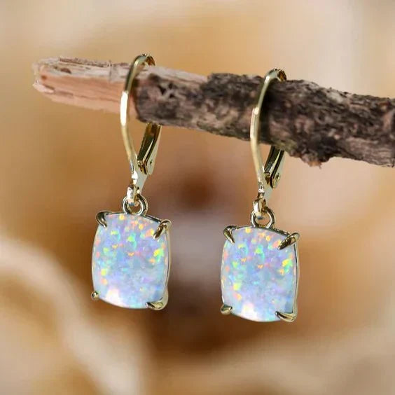 Square Iridescent White Stone Leverback Earrings with Soft Shimmer