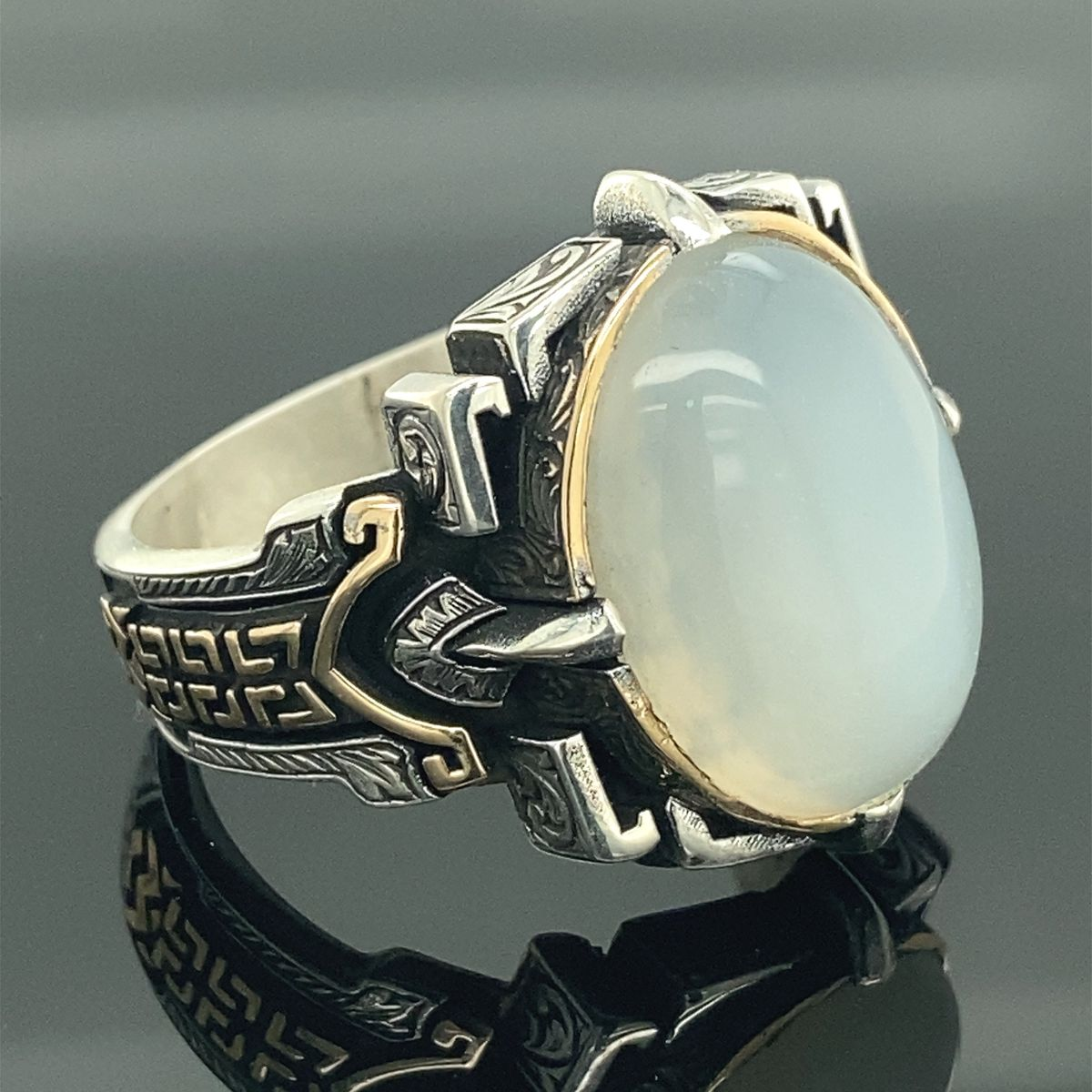 Vintage-Style Seal Ring with Iridescent White Stone Face