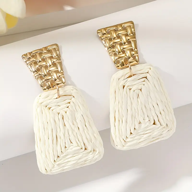 White Woven Rectangle Drop Earrings with Gold Colour Top