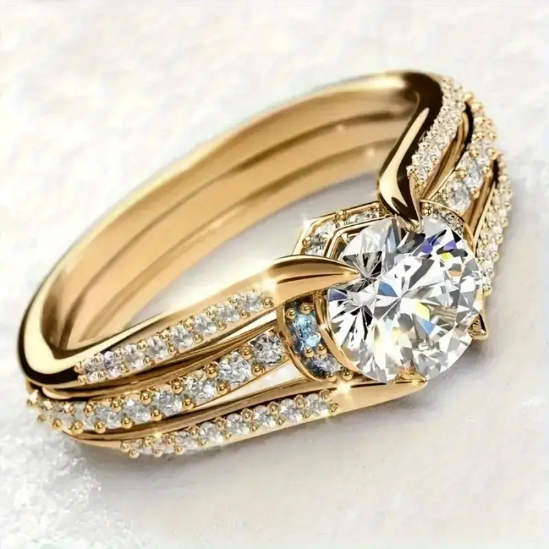 Fine Zirconia Ring with Bright Sparkle in Gold Colour