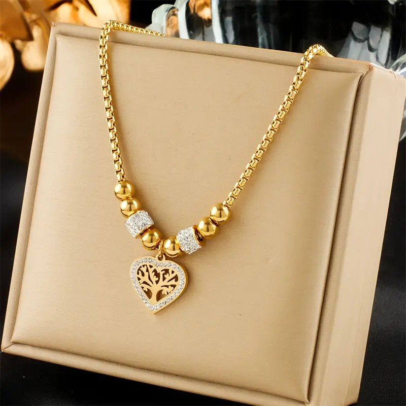 Tree of Life Heart Pendant with Zirconia in Gold Colour