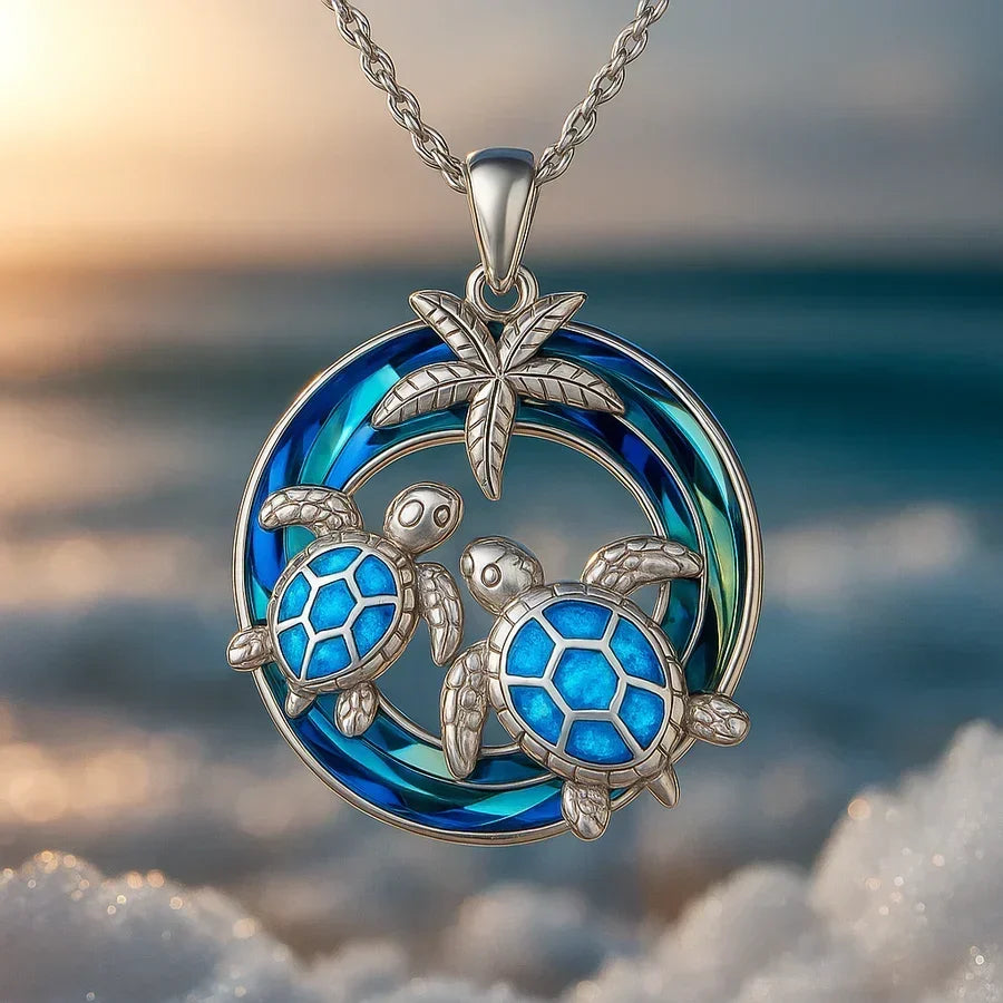 Turtle Pendant Necklace in White Gold Colour with Seaside Charm