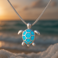Turtle Pendant Necklace with Iridescent Blue Stones in Silver Colour