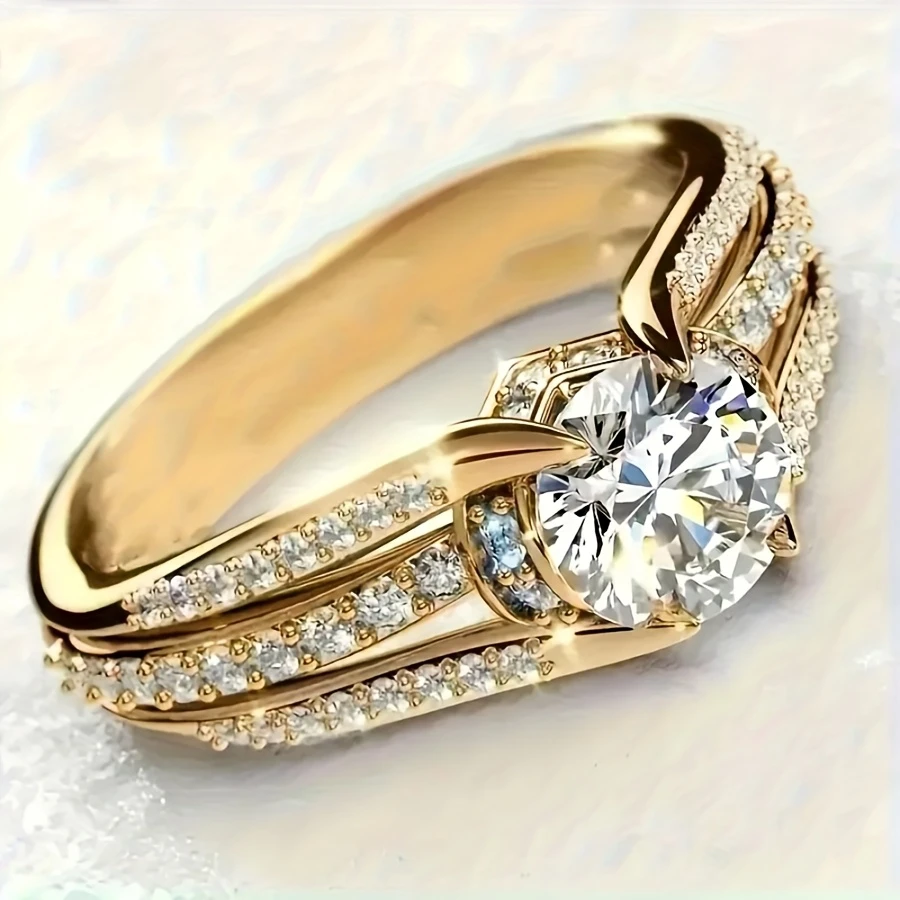 Round White Crystal Ring with Setting in Gold Colour