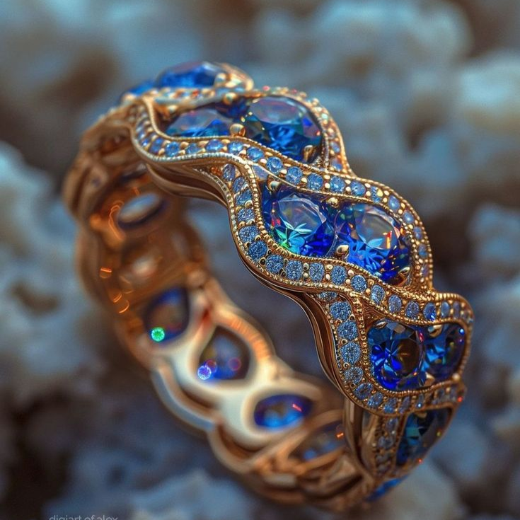 Wavy Band Ring with Blue Stones and Bright Setting