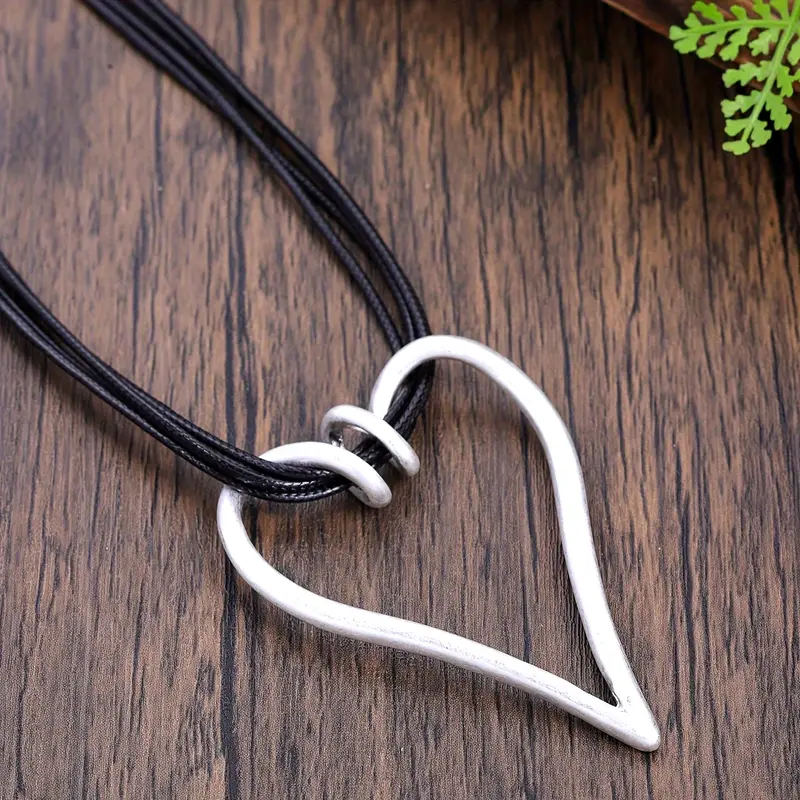 Open Heart Pendant on Black Cord in Silver Colour with Casual Style