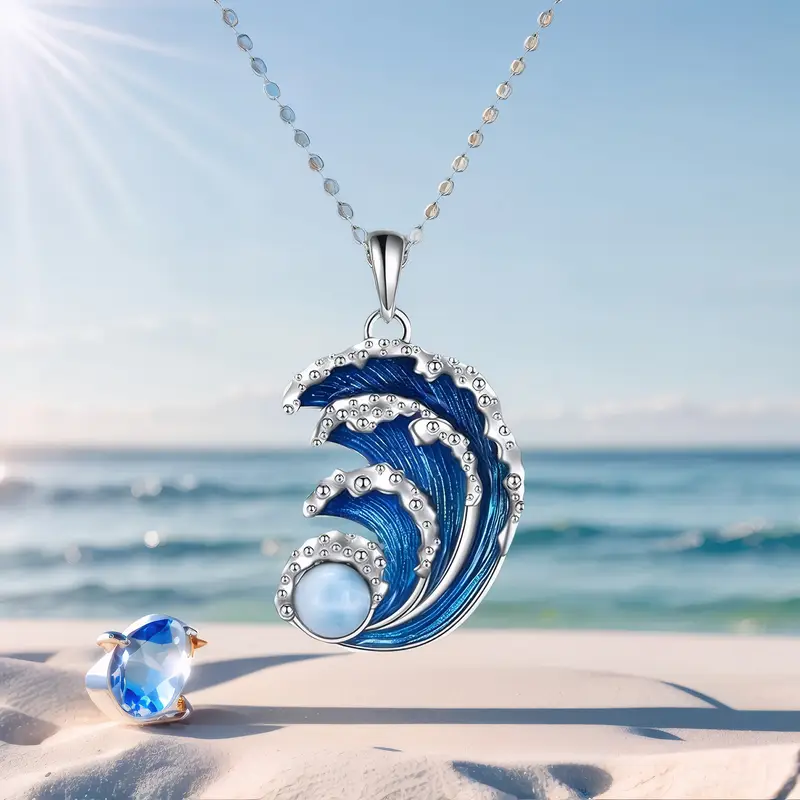 Wave Pendant Necklace with Bright Finish in Silver Colour