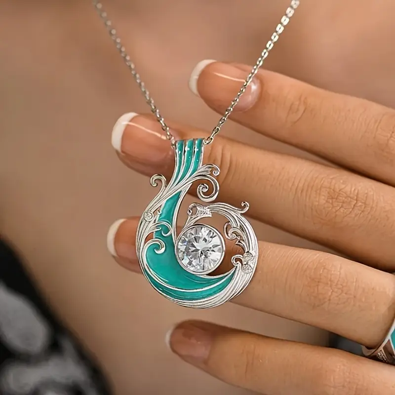 Ocean Blue Enamel and Zirconia Pendant Necklace with Bright Sparkle
