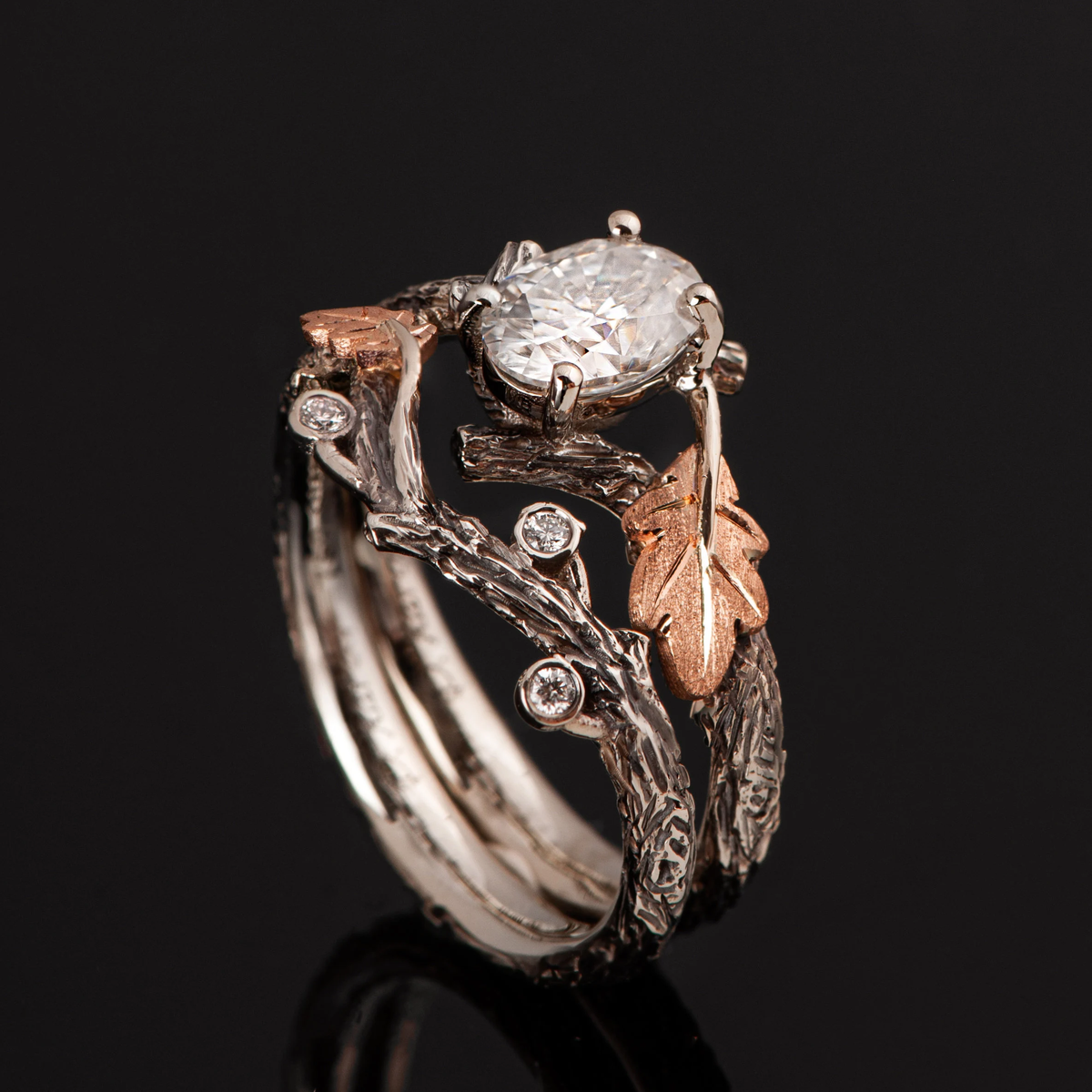 White Crystal Branch Ring with Botanical Wrap Design