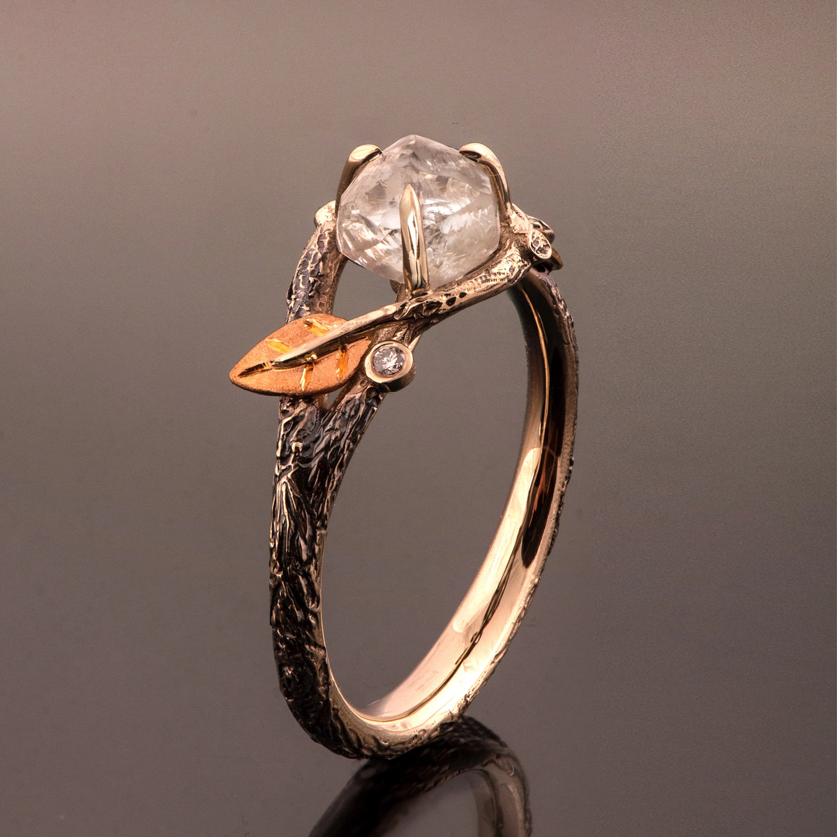 Fine White Crystal Branch Ring with Slender Profile