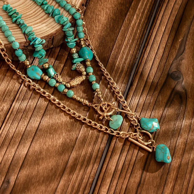 Blue-Green Stones Necklace with Setting in Gold Colour