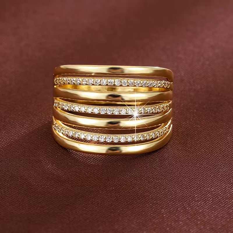 Wide Layered Zirconia Ring with Stacked Design and Bold Sparkle
