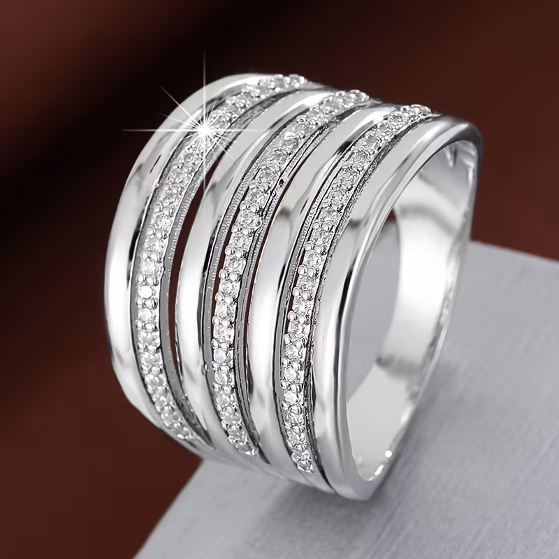 Wide Layered Zirconia Ring with Stacked Design and Bold Sparkle