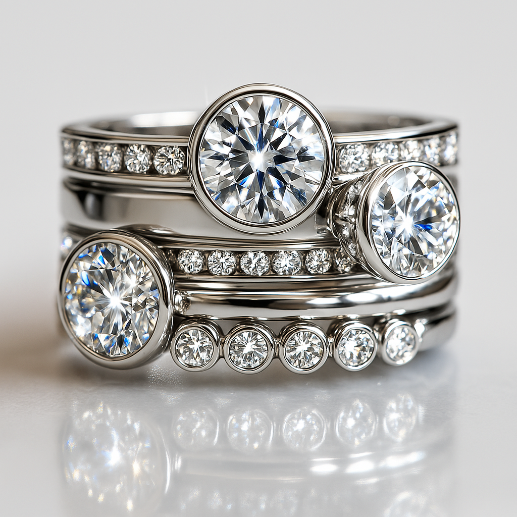 Vintage-Style Crystal Layered Ring with Stacked Look in Silver Colour