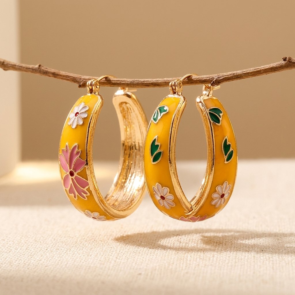 Aros de inspiración vintage con flores esmaltadas enmarcadas