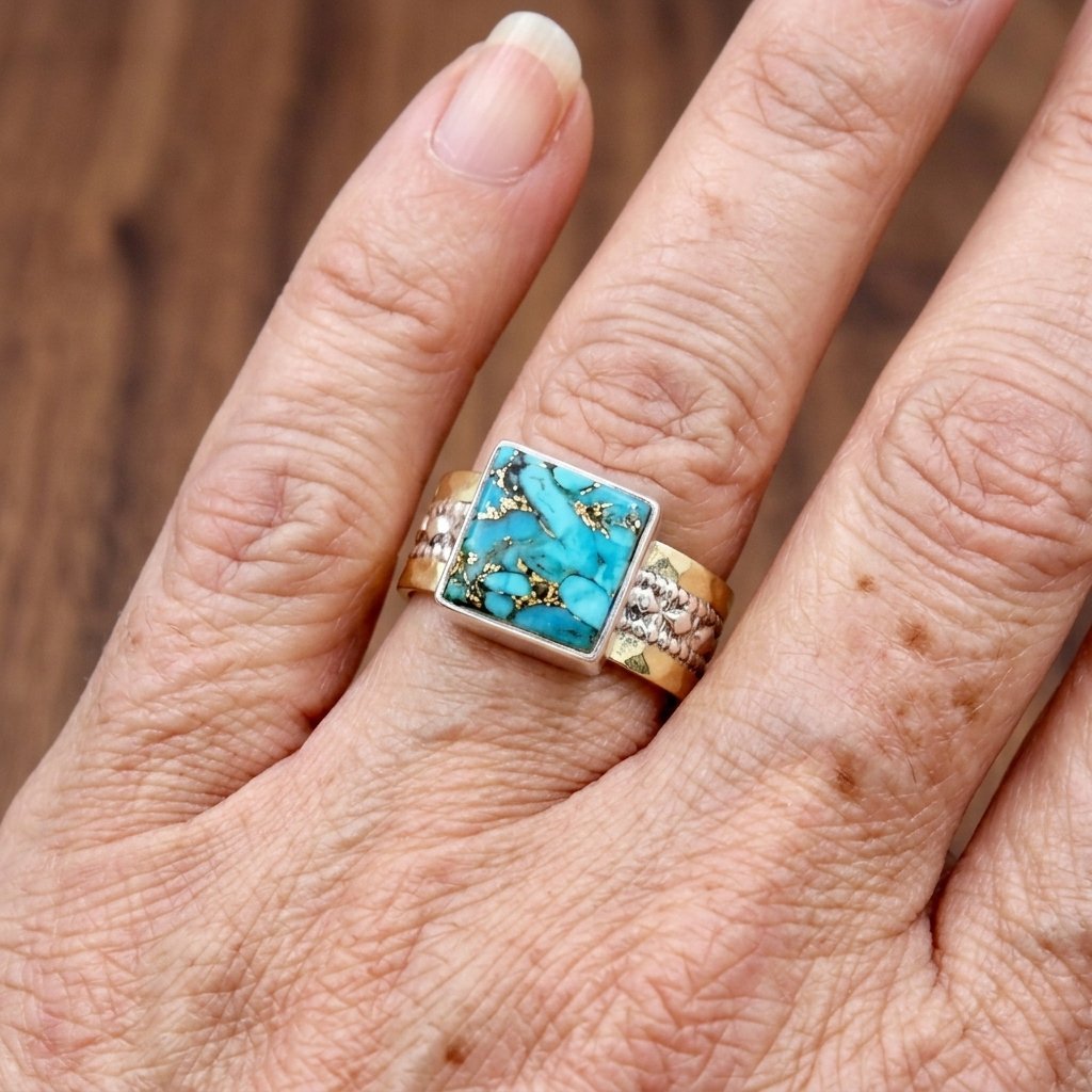 Vintage-Style Ring with Square Blue-Green Stone Face