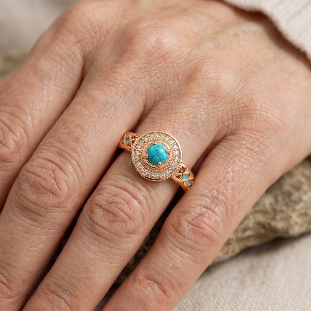 Ring i vintagestil med blågrön sten, zirkonia och ljusa accenter