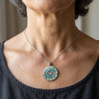 Round Blue Mandala Pendant Necklace with Intricate Pattern