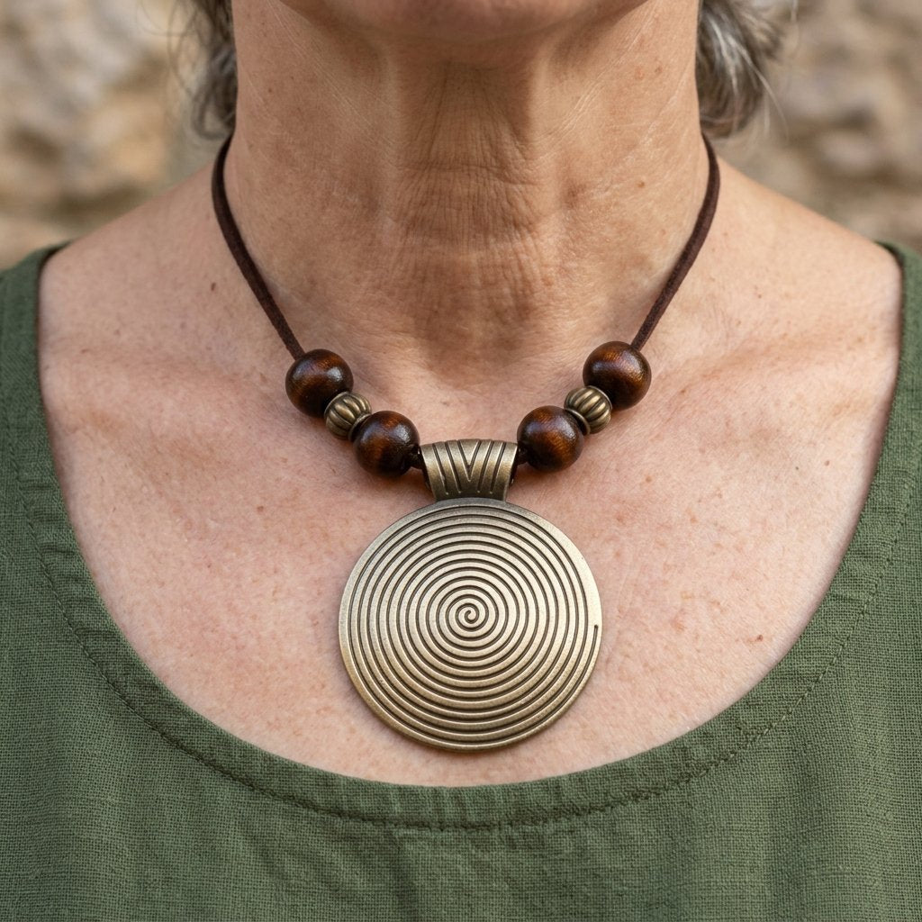 Halsband med spiralbricka på snöre med kulor och boho-känsla