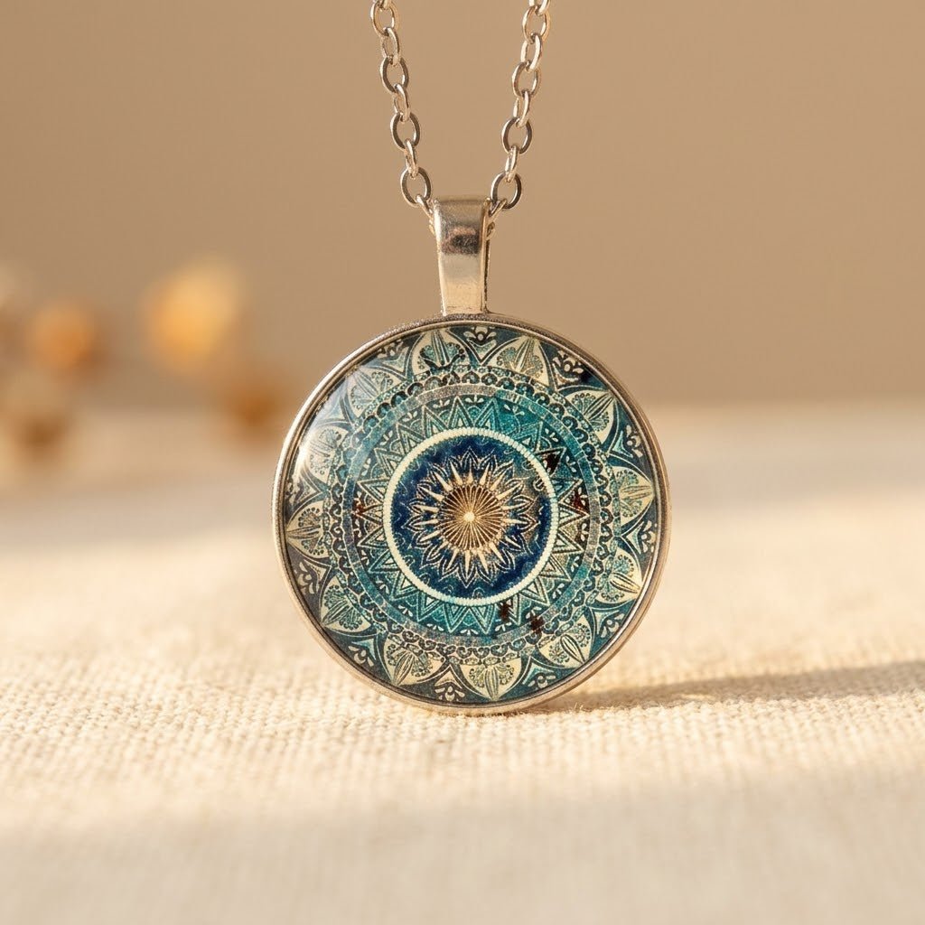 Round Blue Mandala Pendant Necklace with Intricate Pattern