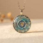 Round Blue Mandala Pendant Necklace with Intricate Pattern