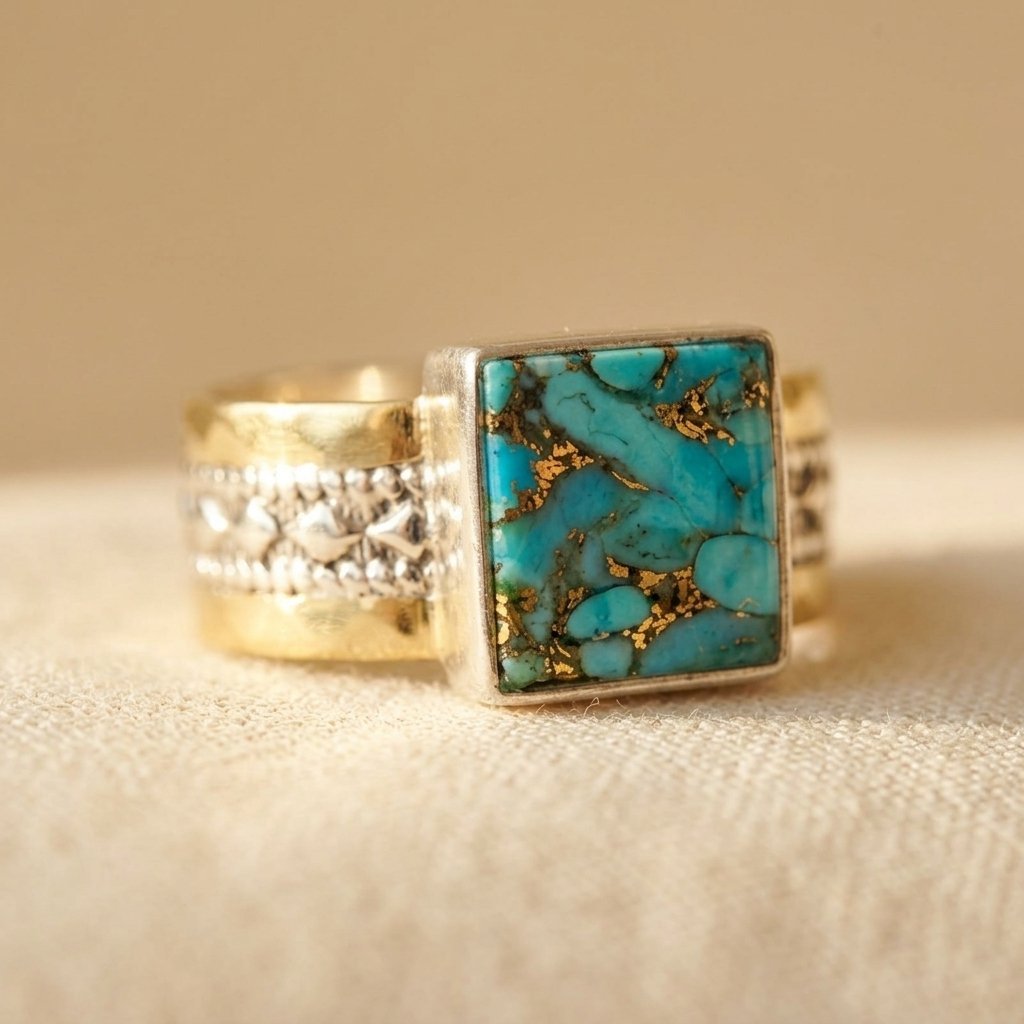 Vintage-Style Ring with Square Blue-Green Stone Face