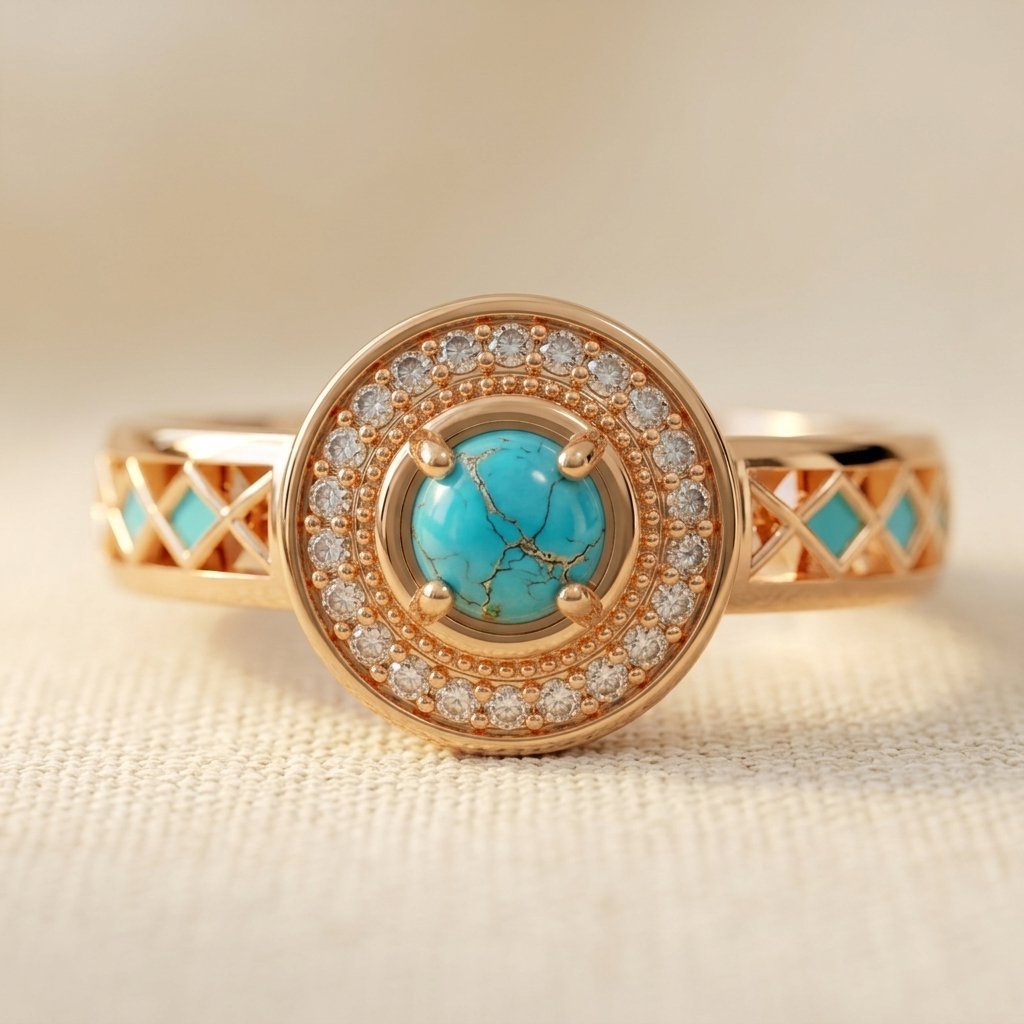 Ring i vintagestil med blågrön sten, zirkonia och ljusa accenter