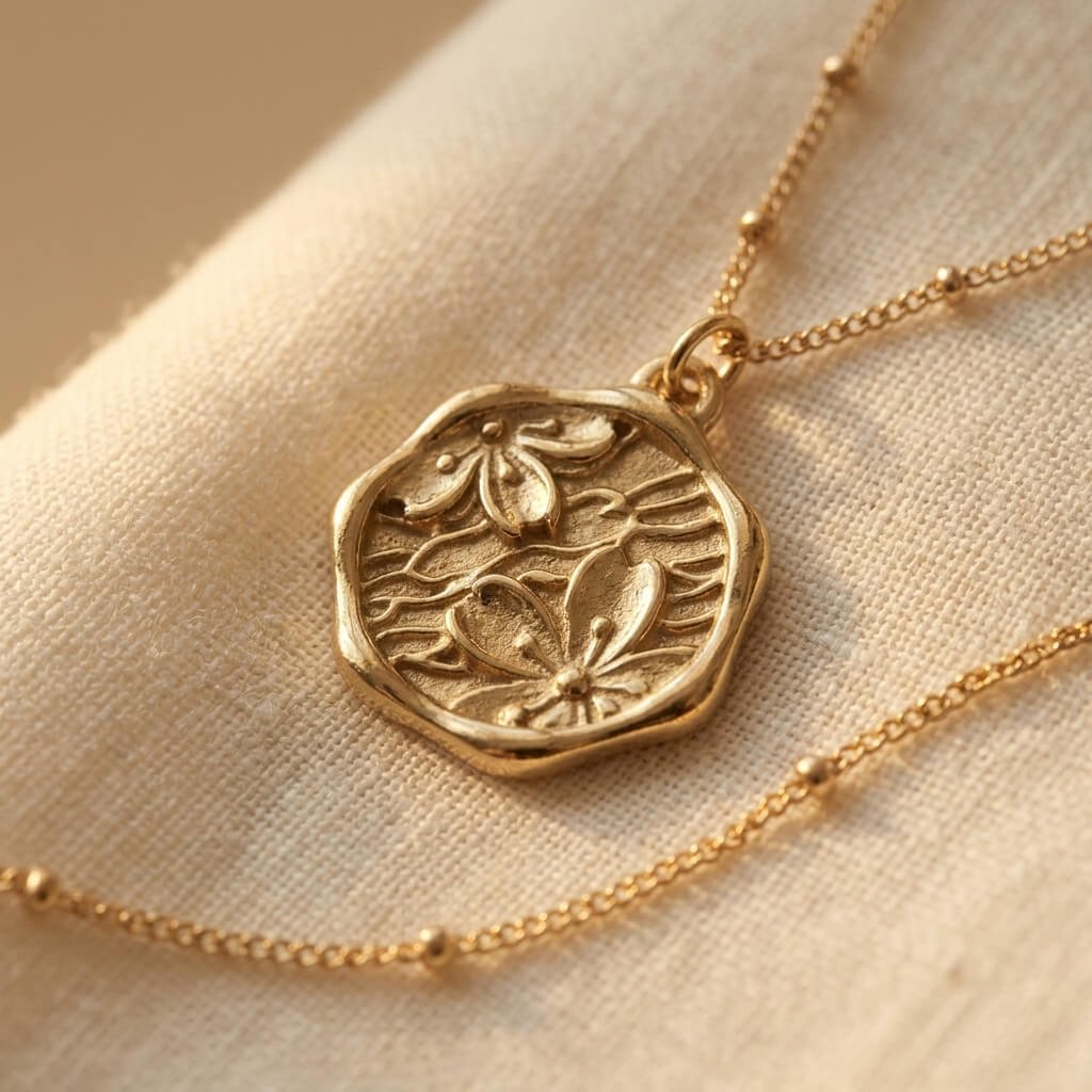 Medaljonghalsband i vintagestil med blommönstrat mynt på kulkedja