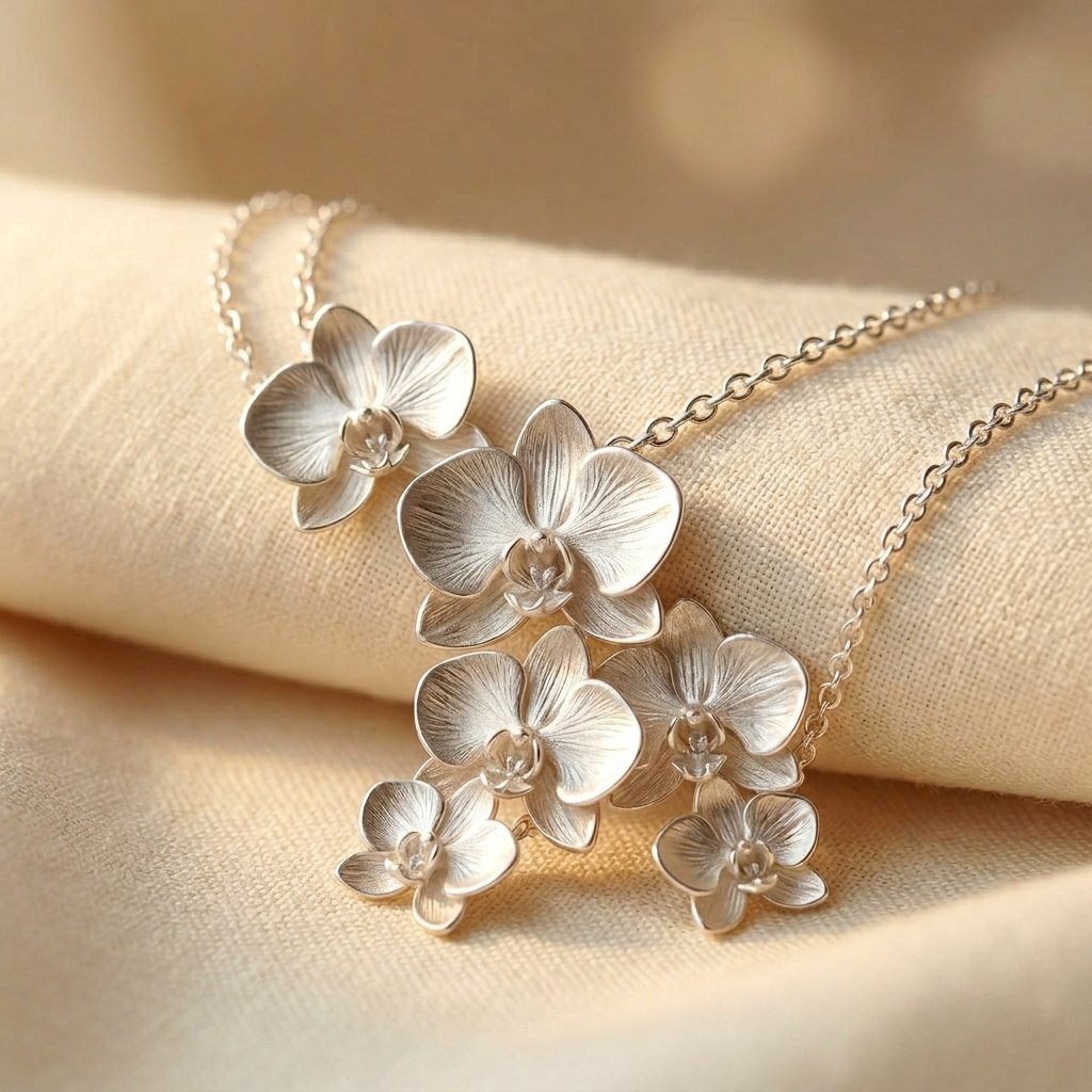 Flower Cluster Pendant Necklace on Fine Chain in Silver Colour