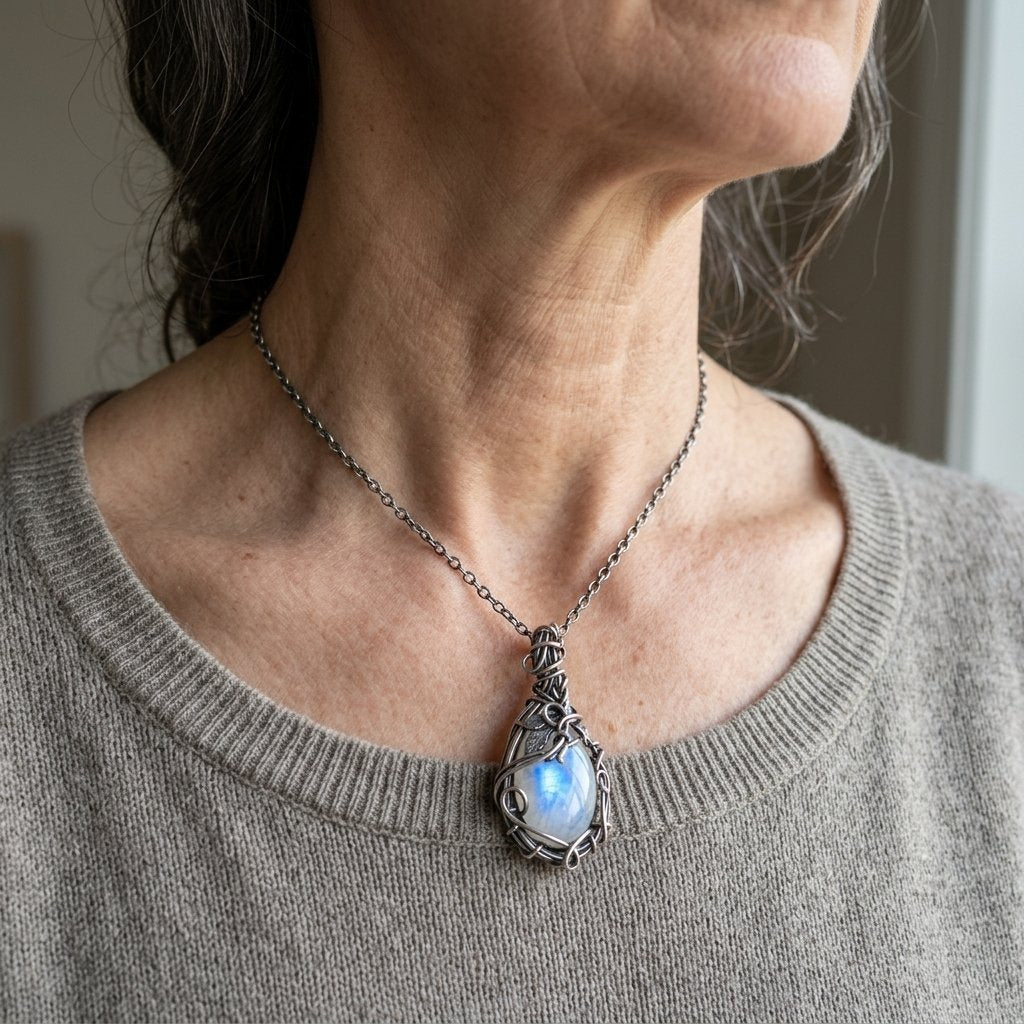 Vintage-Style Wire-Wrapped Milky White Stone Pendant Necklace
