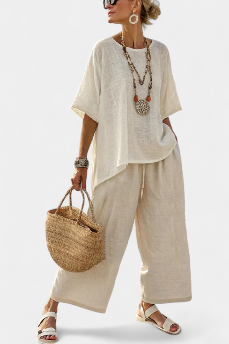 Minimalist Two Piece Set with Flowy Blouse and Wide Leg Trousers