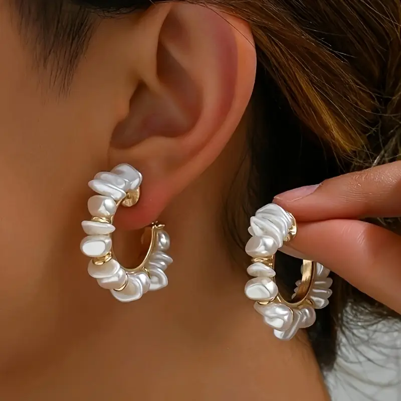 Vintage-Style Baroque Faux Pearl C-Hoop Earrings with Soft Lustre