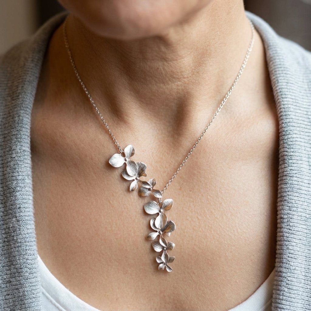 Flower Cluster Pendant Necklace on Fine Chain in Silver Colour