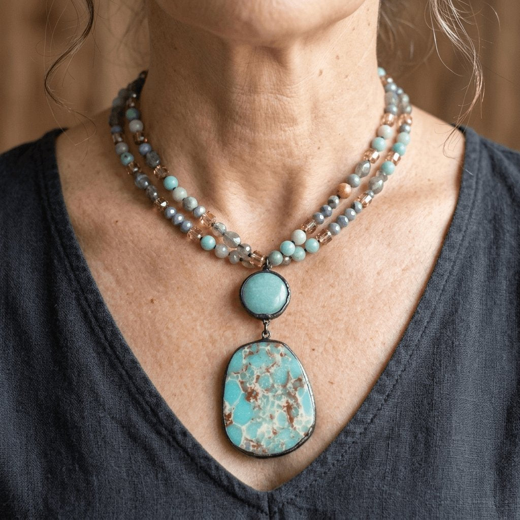 Boho-halsband i vintagestil med stenhänge i naturlig look