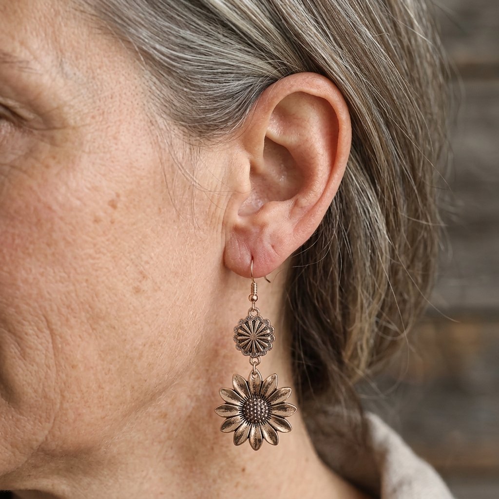 Vintage-Style Sunflower Dangle Earrings in Silver Colour
