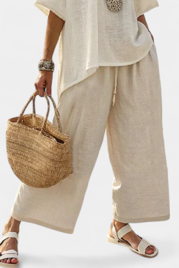 Minimalist Two Piece Set with Flowy Blouse and Wide Leg Trousers