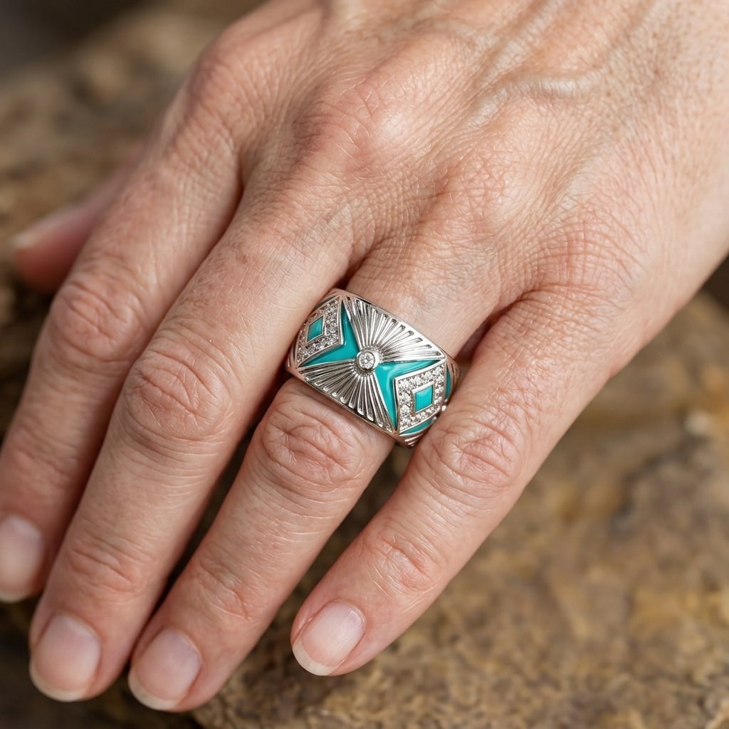 Wide Bohemian Statement Ring with Blue Porcelain Inlay