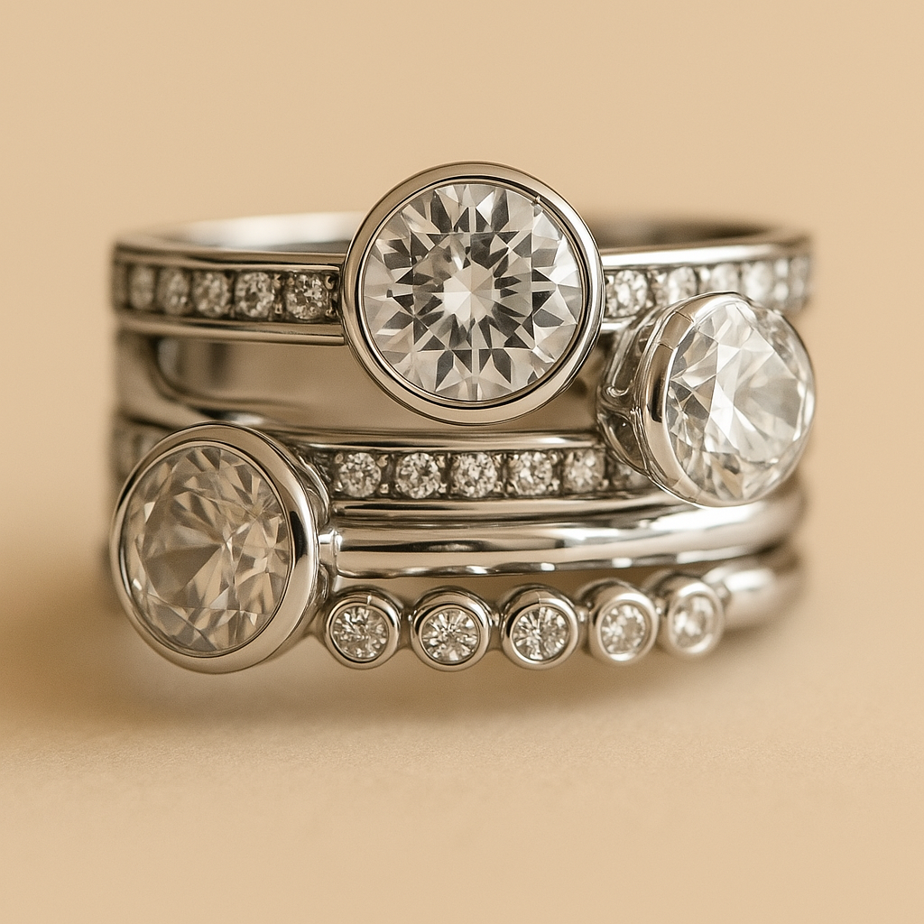 Vintage-Style Crystal Layered Ring with Stacked Look in Silver Colour