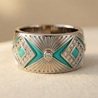 Wide Bohemian Statement Ring with Blue Porcelain Inlay