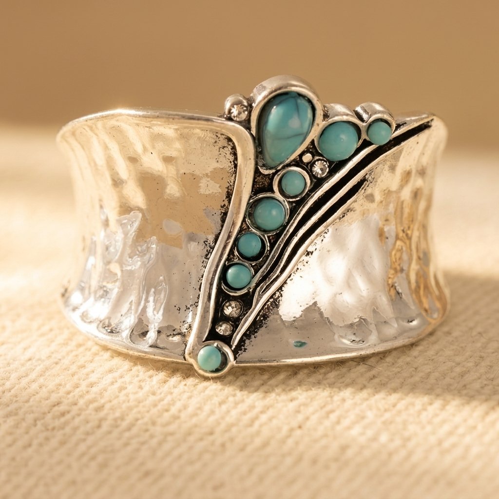 Wide Blue-Green Inlay Statement Ring with Bohemian Feel