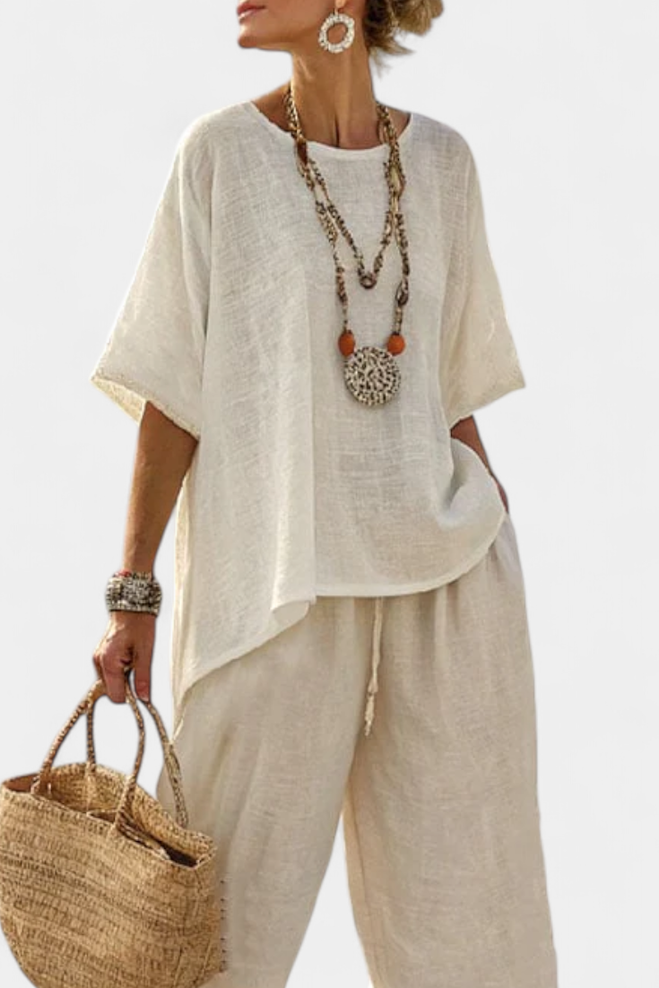 Minimalist Two Piece Set with Flowy Blouse and Wide Leg Trousers