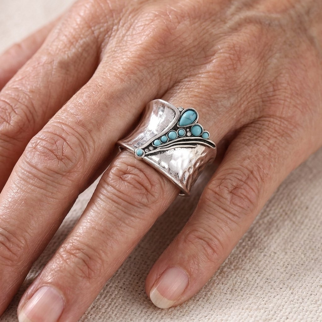 Wide Blue-Green Inlay Statement Ring with Bohemian Feel