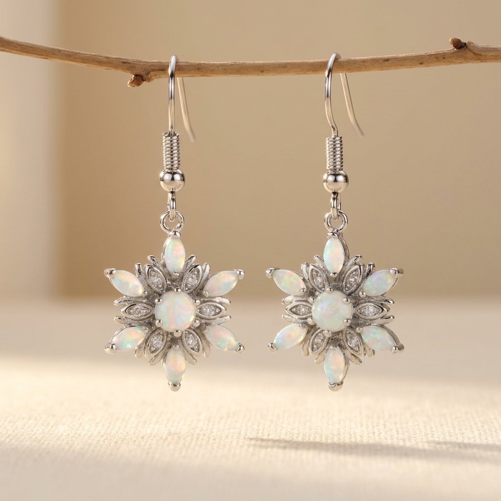 Iridescent White Stone Snowflake Earrings for Winter