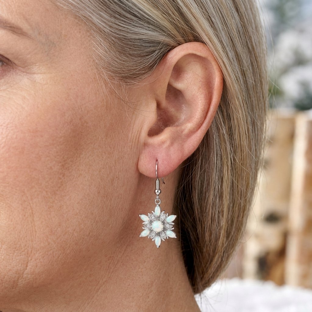 Iridescent White Stone Snowflake Earrings for Winter